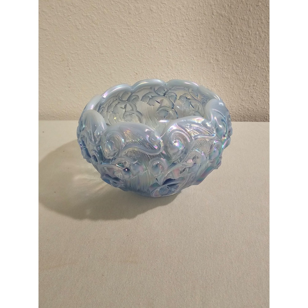 Fenton 5" Blue Opalescent Iridescent Glass Bowl Vintage Scroll Pattern